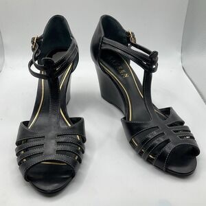 Ralph Lauren T-Strap Wedge Sandals Leather Black Open Toe Cut Out Classy 7M